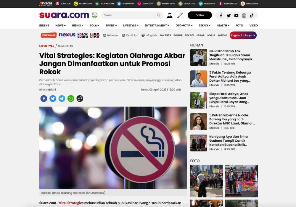 Vital Strategies: Kegiatan Olahraga Akbar Jangan Dimanfaatkan untuk Promosi Rokok