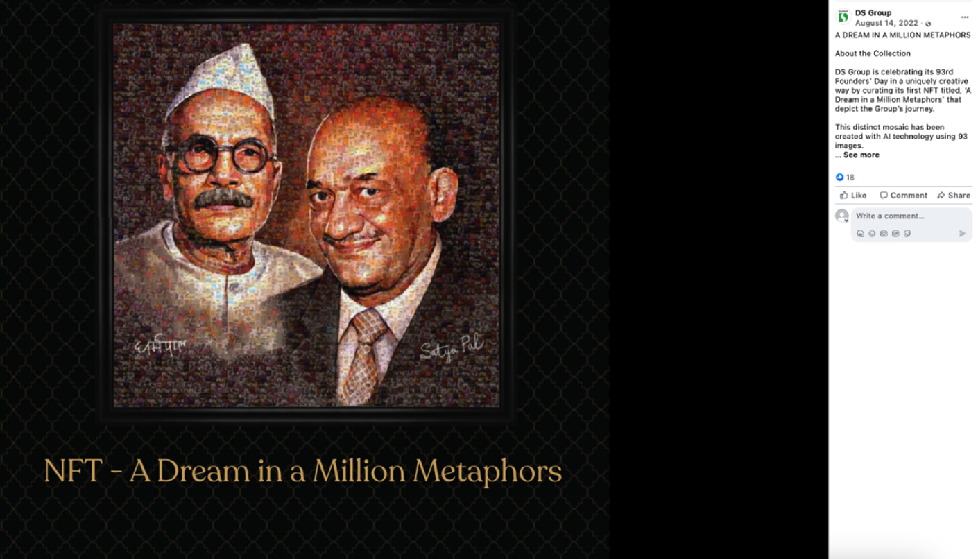 Image 2 The Indian smokeless tobacco company DS Group celebrated its 93rd anniversary by creating an NFT of the company founders’ portraits. Source: @DS Group Facebook. Image 2 The Indian smokeless tobacco company DS Group celebrated its 93rd anniversary by creating an NFT of the company founders’ portraits. Source: @DS Group Facebook.