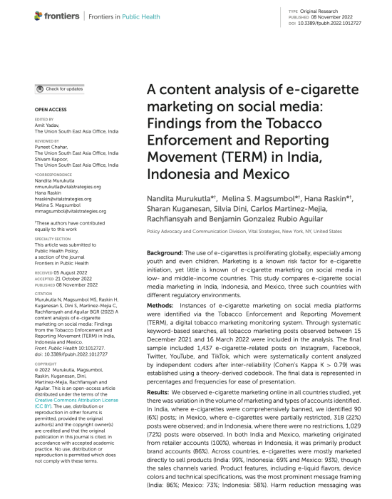 A content analysis of e-cigarette marketing on social media: Findings from the Tobacco Enforcement and Reporting Movement (TERM) in India, Indonesia and Mexico